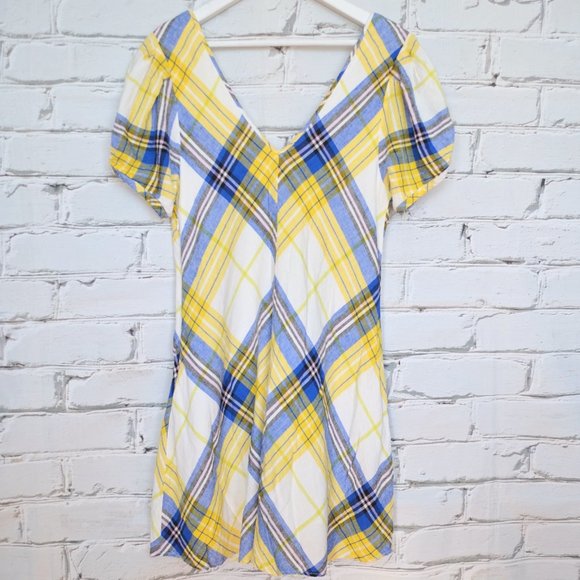 Urban Outfitters Peppa Blue Yellow Plaid Linen Blend Dress - Picture 2 of 6